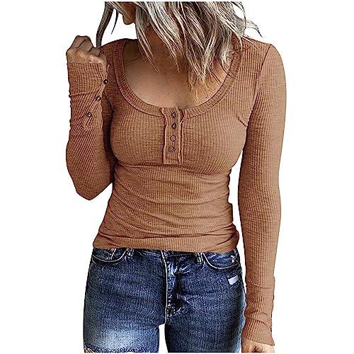 Womens 2024 Slim Fit Long Sleeve Henley Button Down Tops