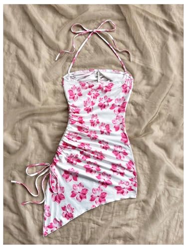 Floerns Women's Floral Print Sleeveless Halter Bodycon Dress with Asymmetrical Hem
